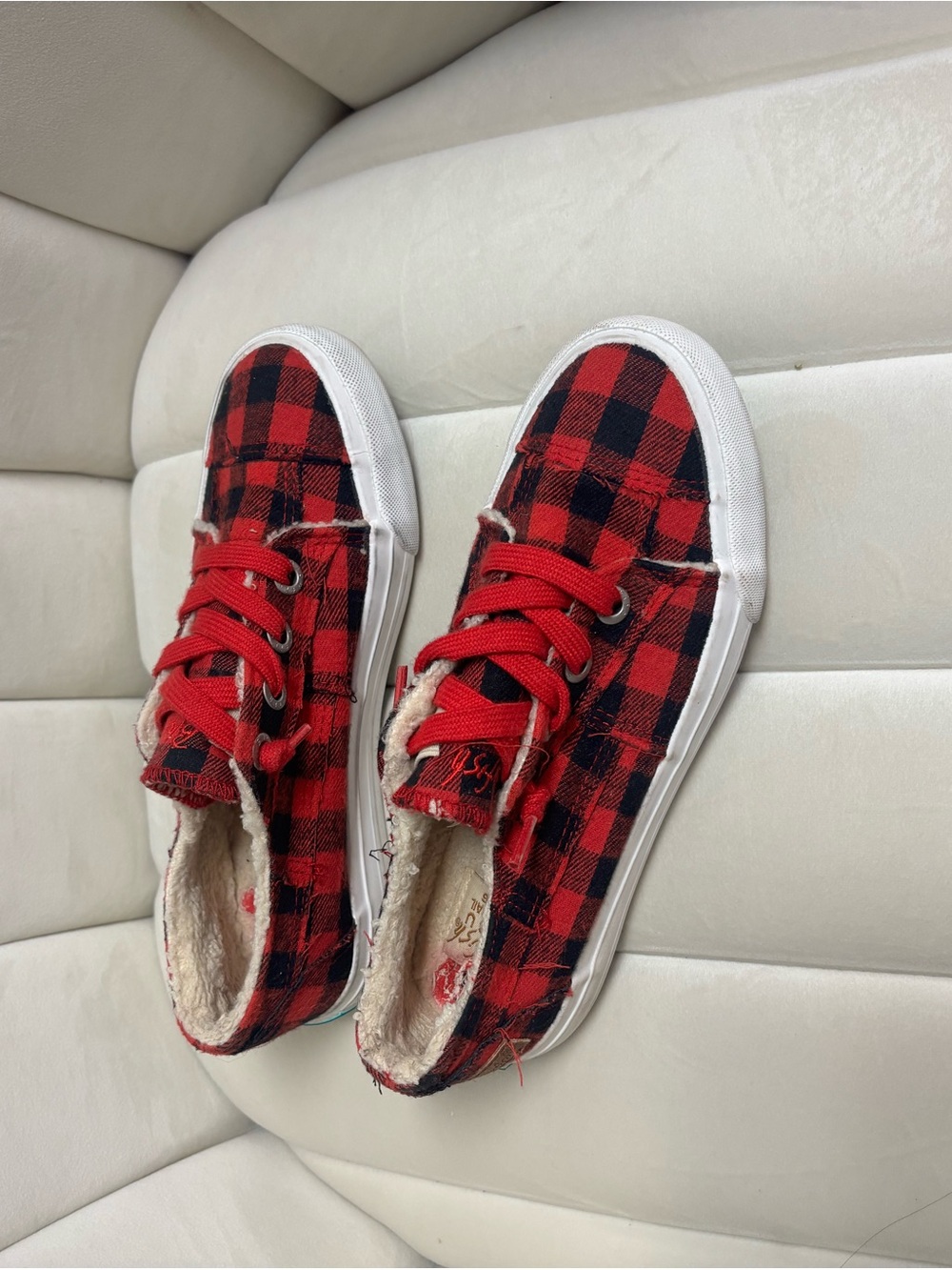 Plaid Red Slip-On Sneakers with Sherpa Lining - Women